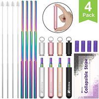 4 Pack 9.25'' Rainbow Reusable Metal Straws Collapsible Stainless Steel Drinking Straw Portable Telescopic Keychain Straw with Cleaning Brush & Case - Great Gift for Mother & Valentine's Day