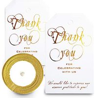 50pcs Shiny Gold Foil Gift Tags with Gold Ribbon, 350gsm Thick Classy Thank You Tags for Wedding Favors, Gift Bags, Party Favors,Birthday,Bridal Shower,Baby Shower Girl,Graduation,Presents,Wine Bottle