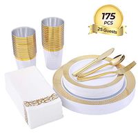175 Piece Gold Dinnerware Set 25 Guest-50 Gold Grid Plastic Plates-25 Gold Plastic Silverware-25 Gold Plastic Cups-25 Linen Like Gold Paper Napkins, FOCUS LINE Disposable Dinnerware Set