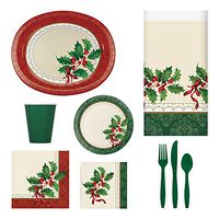 Hoffmaster 856905 Holiday Traditions Party in a Box with Napkins, Plates, Cups, Cutlery and Table Cloth for a Party of 16
