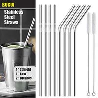 BUGUI Metal Straws, Set of 8, 10.5" Ultra Long 6mm Wide, Reusable Stainless Steel Straws for 30 40 oz YETI Rumbler RTIC SIC Ozark Trail Tumbler, 4 Straight + 4 Bent Straws, Bonus 2 Cleaning Brushes