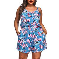 CCatyam Plus Size Jumpsuits for Women, Rompers Short Trousers V-Neck Print Loose Casual Fashion Blue