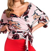 Kanzd Womens Floral V Neck Bandage Button Tops Ladies Summer Beach T-Shirt Blouse (Pink, XL)