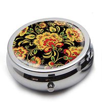 Round Stainless Steel Pill Box Case -Yellow Beautiful Flower Pattern- Pocket 2 inches Medicine Tablet Holder Organizer Case for Purse - Compact 3 Compartment
