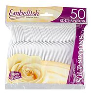 [50 Soup Spoons] Embellish White Disposable Heavy Duty Plastic Soup Spoons, Ideal For Wedding, Catering, Parties, Buffets, Events, Or Everyday Use,