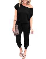 PRETTYGARDEN Women Casual Short Sleeve One Shoulder Solid Waisted Long Jumpsuit Romper Black