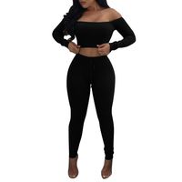 Dainzuy Women's Sexy Two Pieces Off Shoulder Long Sleeve Crop Top+Long Pant Bodycon Jumpsuit Skinny Romper Black