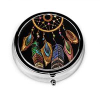 Pill Organizer Case, Embroidery Dream Catcher Boho Native American Portable Pill Box Small Pill Container for Purse Or Pocket, Round Pill Box