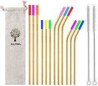 ALINK 12-Pack Reusable Gold Metal Drinking Straws with Silicone Covers, Stainless Steel Straws for 30oz / 20oz Yeti/Rtic Tumblers with Cleaning Brush and Carrying Case