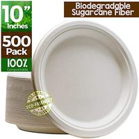 Green Earth, 100% Compostable Paper Plates Natural Bagasse, Sugarcane Fiber, Breakfast Lunch Dinner Biodegradable Recycled Disposable Round Microwave Safe Eco Friendly Heavy-Duty, 10" inches, 500 Pack
