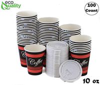 EcoQuality Durable Disposable Paper Hot Cups & White Lids For Hot/Cold Drink, Coffee, Tea, Cocoa, Travel, Small 10 Ounce Cups, 100 Count Cups & Lids