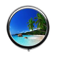 Blue sea Water and Palm Trees Pill Box/Pill case-Round Pill Box/case- Three-Compartment Pill Box/Pill case