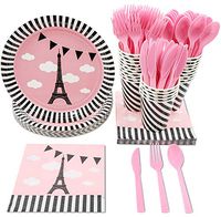 Disposable Dinnerware Set - Serves 24 - Party Supplies for Kids Birthdays, Baby Shower, Bridal Showers, Eiffel Tower Design, Includes Plastic Knives, Spoons, Forks, Paper Plates, Napkins, Cups