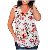 Meikosks Women's Floral Shirts V Neck Ruffles Sleeveless Blouse Printing Tank Tops Casual Pullover Red