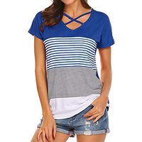 LIUguoo Shirts Women's Top Blouse T-Shirt,Woman Women Short Sleeve Triple Color Block Stripe T-Shirt Casual Blouse Blue