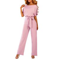 Women's Summer Short Sleeves Casual Elegant Playsuit Wide Leg Loose Fit Long Pant Jumpsuit Romper Belted (S, Pink)