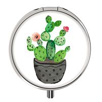 Medication Box, Portable Compact Metal Pill Case, Round Drug Storage for Travel Purse Pocket - [Cactus]