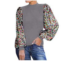 Kiyotoo Women Fashion Mock Neck Lantern Sleeve Sweatshirts Sequins Colorblock Insert Top Blouse Pullover Shirt Gray