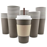 100 Pack - 16 Oz [8, 12, 20] [4 Colors] Disposable Hot Paper Coffee Cups, Lids, Sleeves, Stirring Straws - Mocha Brown