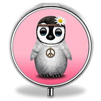 Penguin Pill Case, Round Stainless Drug Organizer Container Medicine Cover for Pocket Daily&Weekly