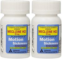 Meclizine 25 mg Generic for Bonine Chewable Tablets for Prevention of Motion Sickness and Anti-Nausea 100 Tablets per Bottle Pack of 2 Total 200 Tablets