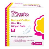 Maxim Natural Cotton Maxi Pad with Wings, 20ct, Regular Daytime Maxi Pads, No Chlorine/Dioxin/SAP, Biodegradable Sanitary Pad for Women, Breathable, Hypoallergenic, Cotton Winged Pads, 2 Packs of 10