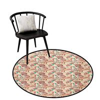 RUGSMAT Round Kids Rugs,Blossoming Petals with Festive Animal Design with Leaf Branches,Non Skid Nursery Kids Area Rug for Bedroom Machine Washable Diameter-47 Inch Dark Coral and Gold
