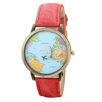 Watch Daoroka Fashion Global Travel by Plane Map Women Girl Dress Watch Denim Fabric Band Jewelry Gift (C)