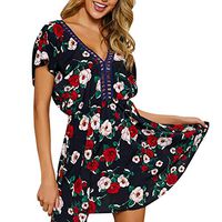 Claystyle Women's Summer Floral Print Short Sleeve Backless Casual Mini Dress(Black,M)