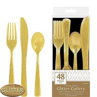 ELEGANI Premium Tableware Party Supplies; Glitter Gold Premium Plastic Cutlery Set (2X Pack of 48ct Each)
