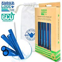 SHAKA LOVE Reusable Glass Drinking Straw Set- Stylish, Durable, Shatter-Resistant - Set of 5 ALOHA Colorful Glass Drinking Straws with Cleaning Tool & Travel Carry Bag (Sky Blue, 9)