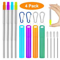 Metal Straws Reusable Collapsible Stainless Steel Straws Portable Telescopic Drinking Straw for Tumbler Cold Beverage with Aluminum Key-chain Cases, Cleaning Brushes