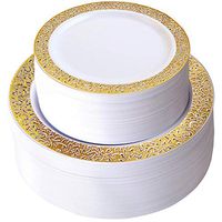 Gold Disposable Plastic Plates - with 51 Dinner Plates 10.25” and 51 Salads or Desert/Appetizer Plates 7.25'' Lace Rim for Christmas, Cocktail, Dinners, Weddings, Party and Holidays