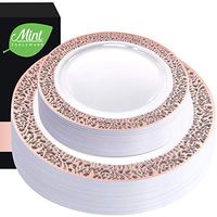 50 Rose Gold Lace Plates - Plastic Disposable Party Plates - White with Rose Gold Lace - 25 Dinner Plates 10.25 inch - 25 Dessert/Salad Plates 7.5 inch - Heavy Duty Fancy Elegant Wedding Plates