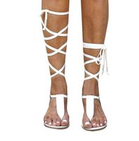Nevera Women Gladiator Roman Sandals Fashion Flat Strappy Lace Up Open Toe Summer Knee High Crisscross Beach Sandals White