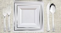 Party Bargains White Silver 240 Square Plastic Plates & 480 Upscale Collection Cutlery | Imperial Collection China Like Silver border Plate and Elegant Silverware - 720 Pcs | Combo Pack for 120 People
