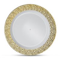 [8 Count - 10 Inch Plates] Laura Stein Designer Tableware Premium Heavyweight Plastic White Dinner Plates With Gold Border, Party & Wedding Plate, Glitz Series, Disposable Dishes