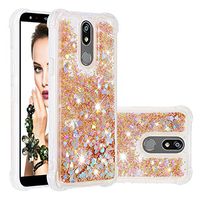 Cfrau Liquid Glitter Case with Black Stylus,Women Girls Luxury Love Hearts Series Diamond Bling Floating Quicksand Shockproof Soft TPU Case Compatible with LG K40/K12 Plus,Gold