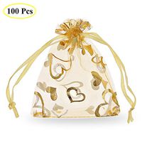 SumDirect 100Pcs 3.5x4.7 Inches Sheer Drawstring Heart Organza Jewelry Pouches Wedding Party Christmas Favor Gift Bags (Gold)