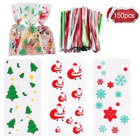 Alpurple 150 PCS Christmas Cellophane Bags with 150 Pieces Twist Ties-Xmas Plastic Clear Treat Candy Bags, Gift Wrapping Bags for Xmas Party Gift Supplies