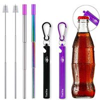 Yoelike - 6 Colors - Telescopic Reusable Straws with Bottle Opener Function, Portable Stainless Steel Metal Collapsible Drinking Straw, Perfect for Travel Home Office Black Purple 2 Pack