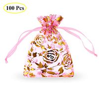 SumDirect Drawstring Organza Bags, Jewelry Favor Pouches with Gold Rose Print for Gift,Wedding,Party,Festival,100Pcs,3.5x4.5inches,Pink