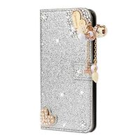 Miagon Diamond Case for iPhone 7 Plus/ 8 Plus,Luxury Glitter Rhinestone Heart PU Leather Folio Flip Wallet Cover Magnetic Closure Card Slots Case Cover,Silver