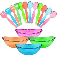 Disposable Neon Party Essentials Set|4 Bowls, 8 Spoons, 4 Forks|Assorted Neon Colors|Plastic Party Serving Supplies for Salads/Chips/Snacks|Neon Glow Party Supplies for Kids/Adults Birthdays & Wedding