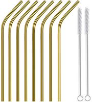 Reusable Stainless Steel Bent Straws WEEGCN 2-SET 60MM Aperture Drinking Metal Straws,Ultra Long Wide Safe Straws for Smoothies, Milkshakes Cleaning Brushes & Storage Pouch (Golden)