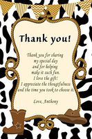30 Personalized Thank You Cards Black White Brown Cowhide Cowboy Boots Hat Rodeo Western Polka Dots Stripes Chevron Design Birthday Party + 30 White Envelopes