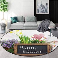RUGSMAT Easter Machine Washable Round Bath Mat,Holiday Arrangement with Flowers Eggs Chalkboard On A Wooden Table Rustic Elements Non-Slip No-Shedding Bedroom Soft Floor Mat,Diameter-35 Inch