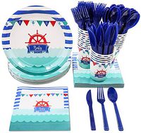 Disposable Dinnerware Set - Serves 24 - Nautical Themed Baby Shower Party Supplies, Includes Plastic Knives, Spoons, Forks, Paper Plates, Napkins, Cups