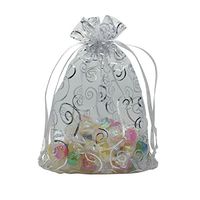 YIJUE 100pcs Drawstrings Organza Gift Candy Bags Wedding Favors Bags (6x8", White with Silver