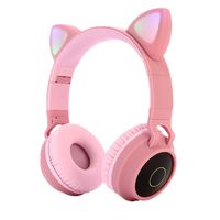 Kids Bluetooth 5.0 Cat Ear Headphones Foldable On-Ear Stereo Wireless Headset with Mic LED Light and Volume Control Support FM Radio/TF Card/Aux in Compatible with Smartphones PC Tablet (Pink)